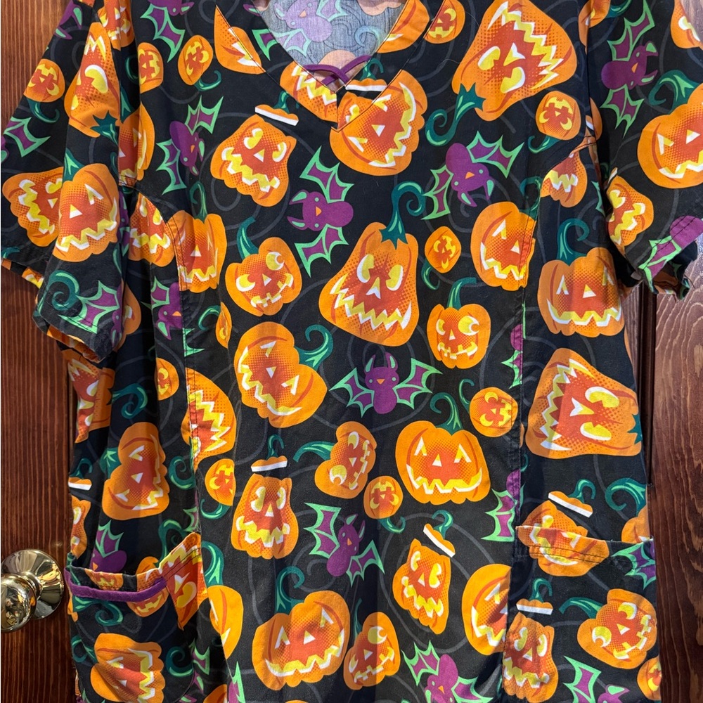 Halloween scrubs - Vibrant Pumpkin and Bat Design